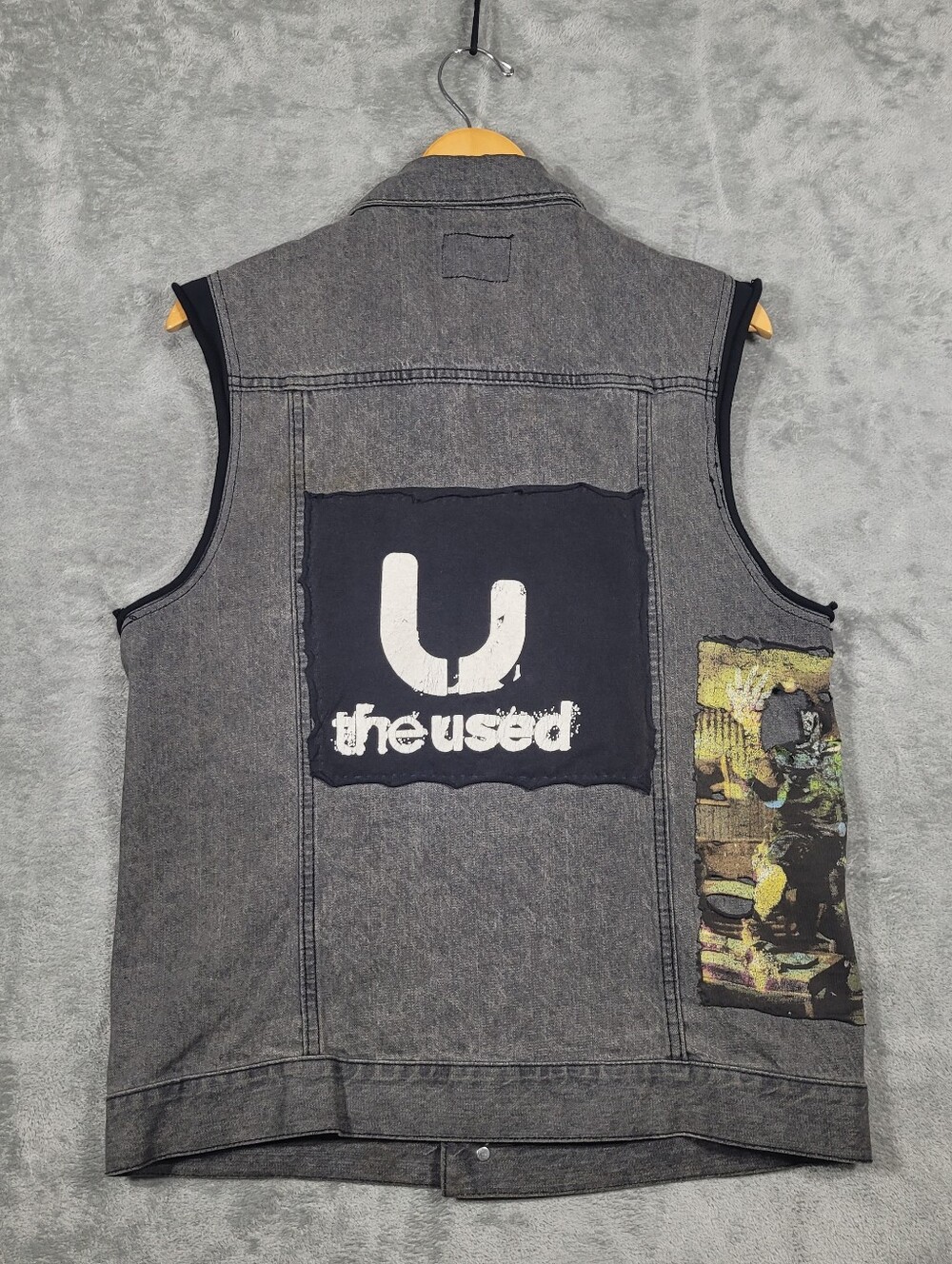 The Used Bad Religion Bob Marley Patch Denim Vest Unisex Medium Black Gray